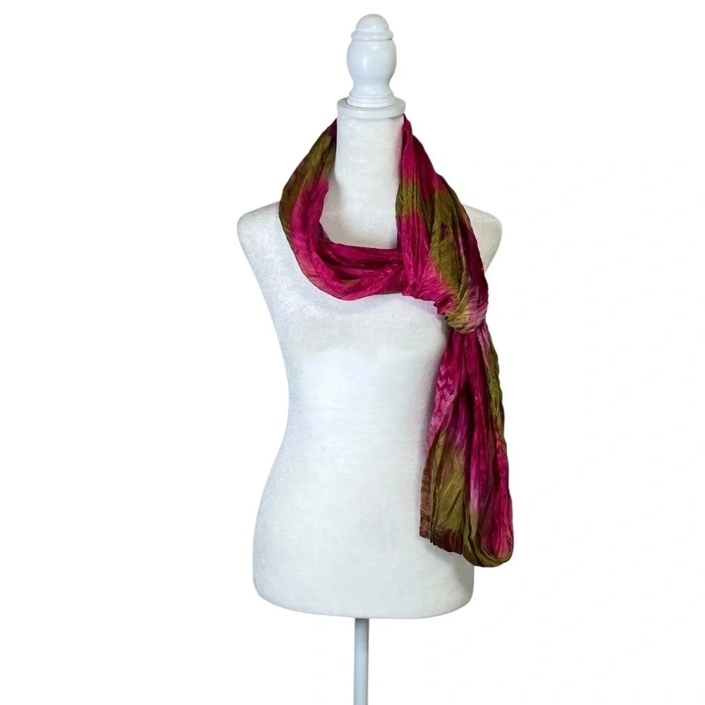 VTG Infinity Scarf Shawl Cowl Wrap Fuchsia Olive Green Silky Boho Colorful Chic